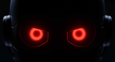 A close-up of a robot's glowing red eyes in a dark background