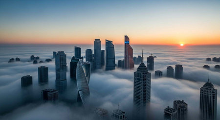 A city skyline emerges from fog at sunrise with modern skyscrapers and a vibrant skyの写真素材