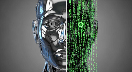 A futuristic robotic head with a digital green code background and metallic face