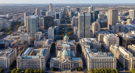 Aerial view of a bustling city with a large government building in the center