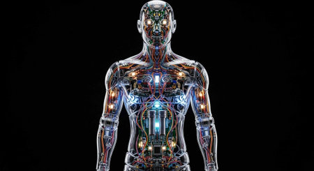 A futuristic humanoid robot with glowing circuits and wires visible under its transparent skin...