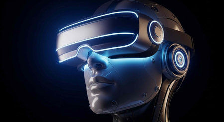 A futuristic man wearing a virtual reality headset in a dark environment