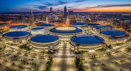 An aerial view of a city skyline at dusk with a large complex of modern buildings