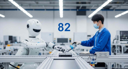A robot and a man in a blue lab coat working together in a modern factory setting