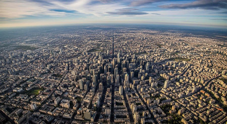 Aerial view of a bustling metropolis with skyscrapers and city streets under a cloudy sky