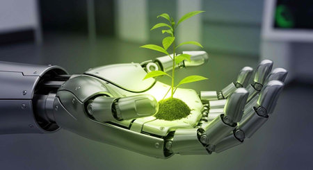 A robotic hand gently holds a small green plant with a glowing light in a modern laboratory setting.