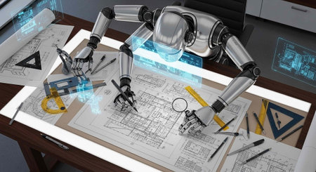 A robotic arm works on a blueprint with various tools and equipment in a workshop