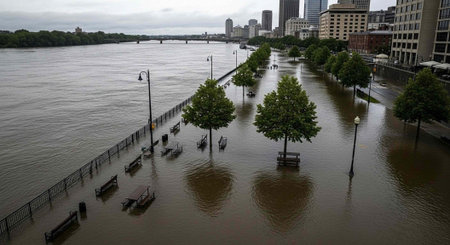 A flooded city street with trees and benches underwater along the riverbank on a cloudy day