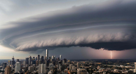 A dramatic storm cloud looms over a cityscape with a lightning bolt illuminating the dark sky
