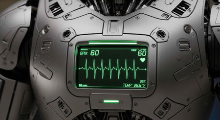 A futuristic medical device displaying vital signs on a sleek digital screen