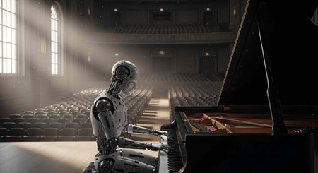 A robot plays a grand piano in an empty concert hall with dramatic lighting