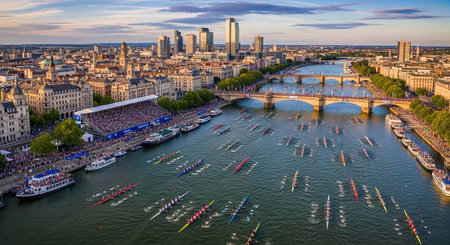 Aerial view of a bustling city with a river and bridge during a rowing competition at sunset