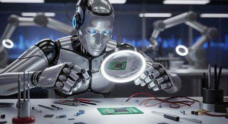 A futuristic robot examines a microchip in a high-tech laboratory setting with precision tools.