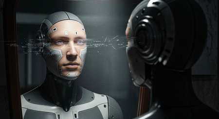 A futuristic robot with a human face looks at its reflection in a dark room