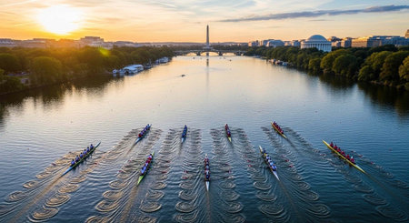 Rowing teams compete on a serene river during a vibrant sunset in Washington D.C.