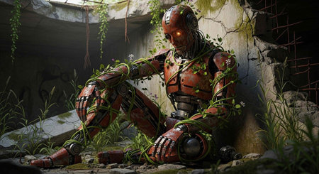 A rusty robot sits abandoned in a ruined building with overgrown vegetation surrounding it.