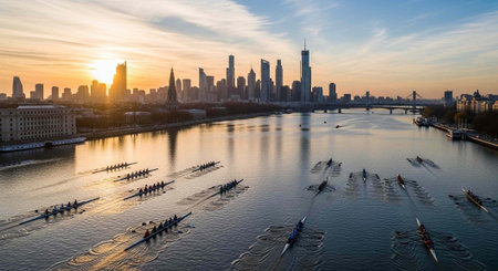 A serene cityscape at sunset with rowboats on the calm river and skyscrapers in the background