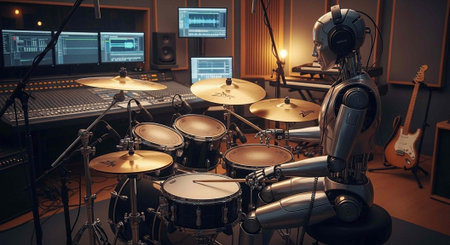 A robot sits at a drum set in a recording studio with computers and a guitar nearby.