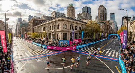 A group of runners approach the finish line on a city street with spectators and buildings in the...