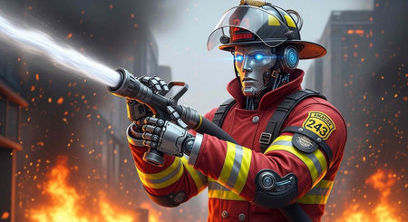 Firefighter wearing red coat, yellow stripes, and helmet, holding hose, amidst flames and smoke in...