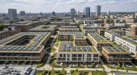 Aerial view of a modern city with buildings featuring green roofs and solar panels, surrounded by...