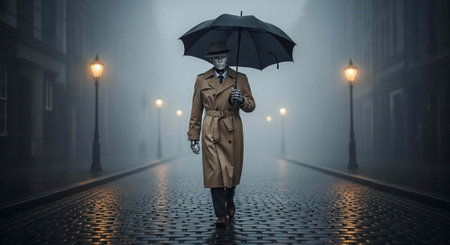 A solitary figure in a brown trench coat walks down a dimly lit cobblestone street on a foggy night
