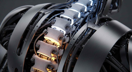 A detailed view of a robot's internal mechanics, showcasing metallic parts, wires, and illuminated...