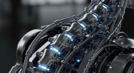 A detailed view of a high-tech engine showcasing metallic parts, wires, and glowing blue accents