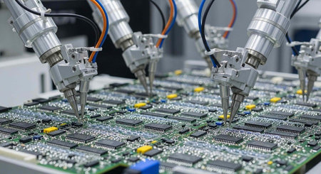 Robotic arms with wires and metal components assemble circuit boards with microchips and yellow dots