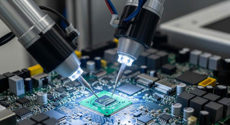 Robotic arms precision solder microchip on green circuit board with various components and wires...