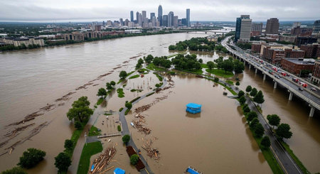 Flooded city with brown river, damaged trees, and debris, with a city skyline in the background