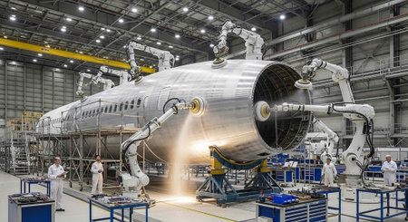 Large airplane fuselage being worked on by robotic arms and workers in a spacious industrial hangar...