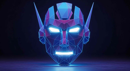 A futuristic robot head with a geometric design, glowing blue eyes and mouth, set against a dark...