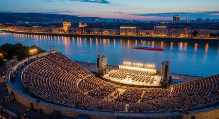 Aerial view of a large crowd at an outdoor amphitheater by a river during dusk