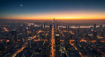 A stunning aerial view of a city at dusk, showcasing skyscrapers, illuminated streets, and a vibrant orange sky.の写真素材