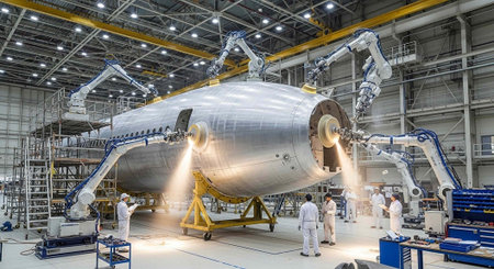Workers in white suits and industrial robots work together on a large metal object in a factory.