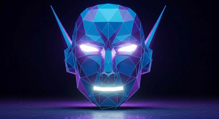 A geometric blue robot head with glowing purple eyes and accents on a dark background