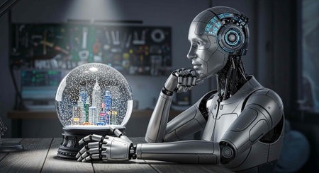 A futuristic robot sits at a table, lost in thought, holding a snow globe with a miniature city...