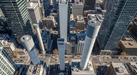 High-angle shot of Toronto's cityscape featuring sleek skyscrapers, modern architecture, and...