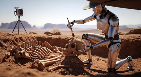 A silver robot kneels beside a skeleton, holding a tool, with a camera on a tripod in the...