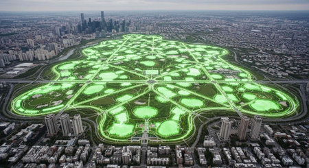 A large, illuminated green urban park surrounded by city buildings and roads