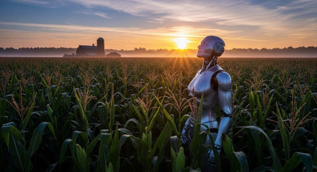 A humanoid robot stands amidst lush green corn stalks, gazing up at sunset with farm buildings in background.の写真素材