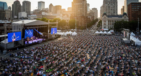 Aerial view of a lively outdoor concert with a huge crowd and a large stage in an urban setting.