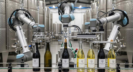 Robotic arms and wine bottles on a conveyor belt in a large industrial winery setting with metal...