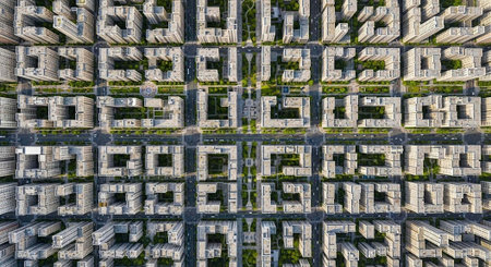 Overhead view of a city featuring a grid pattern of white buildings, roads, and green areas.