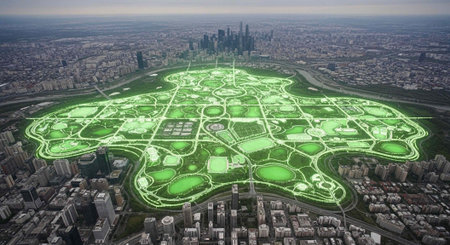 Large green urban park with glowing white outlines and roads surrounded by city buildings and...