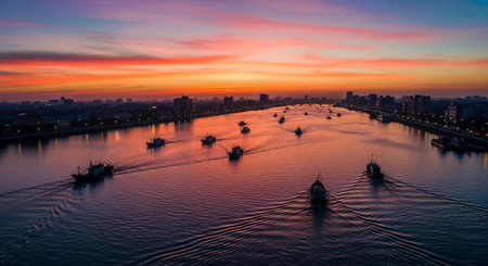 A serene river scene at sunset with multiple boats, city lights, and a colorful sky.