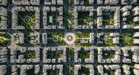 Overhead view of a city with a grid-like street pattern, featuring numerous buildings and green...