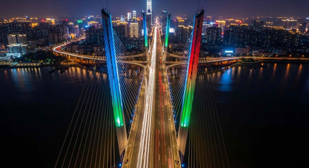 Aerial view of a vibrant cable-stayed bridge with blue, green, and red lights spanning a waterway at...