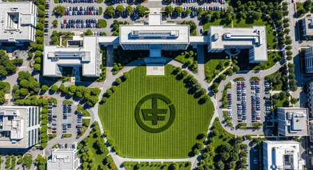 Aerial view of a corporate campus with a large green lawn featuring a prominent logo, surrounded by...
